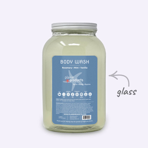 Large jar of body wash with a blue label on a white background