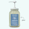 Glass body wash bottle with pump and blue label on a white background