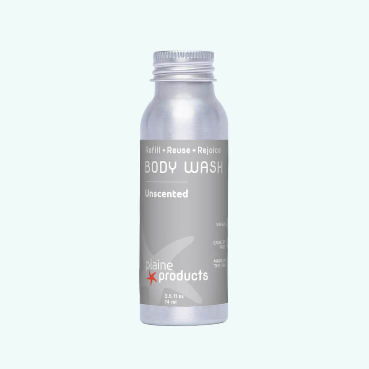Body wash bottle labeled 'plaine products' on a white background
