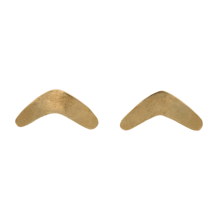 Fair Anita boomerang brass stud earrings in recycled nickel-free metal, front view