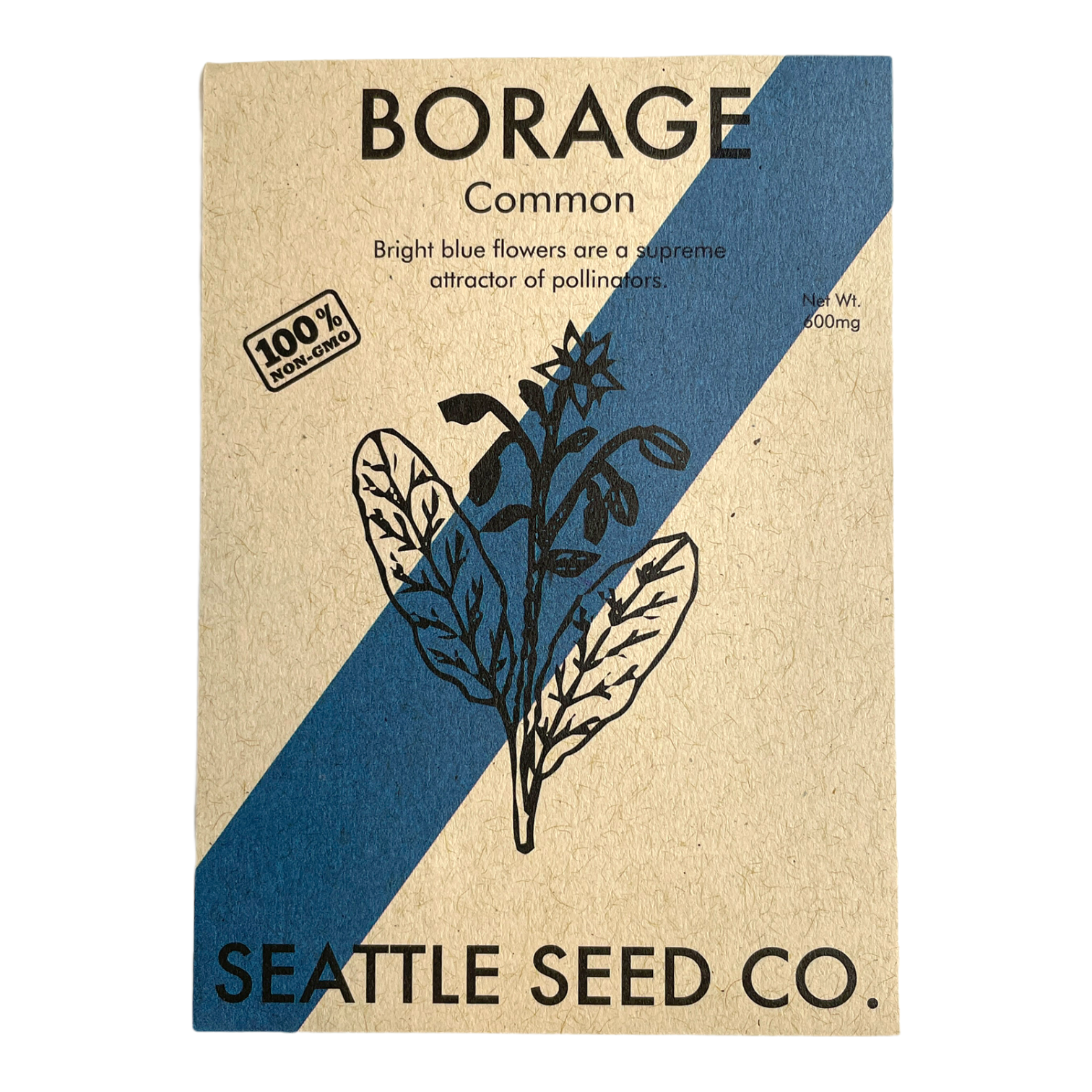 Borage edible flower seeds packet from Seattle Seed Company showing blue, purple, and pink star-shaped blooms