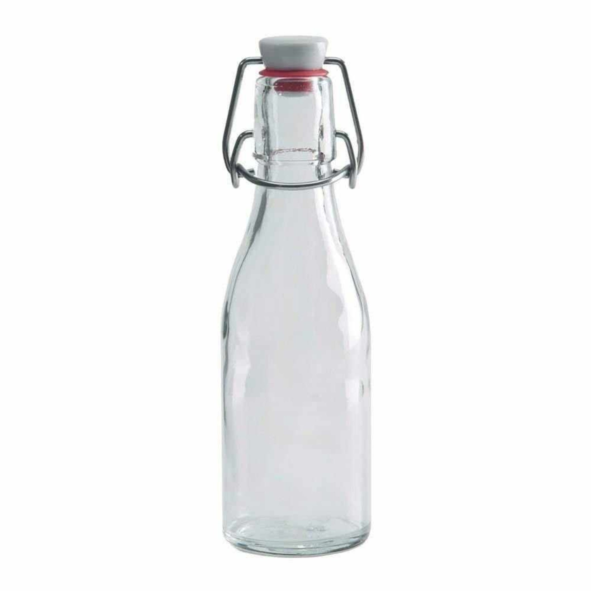 Clear glass bottle with a white lid on a white background