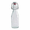 Clear glass bottle with a white lid on a white background