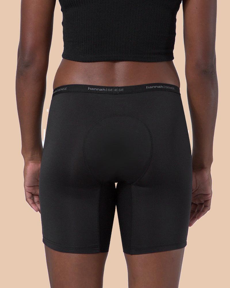 hannahSENSE boyshorts period underwear flat lay with reusable storage pouch