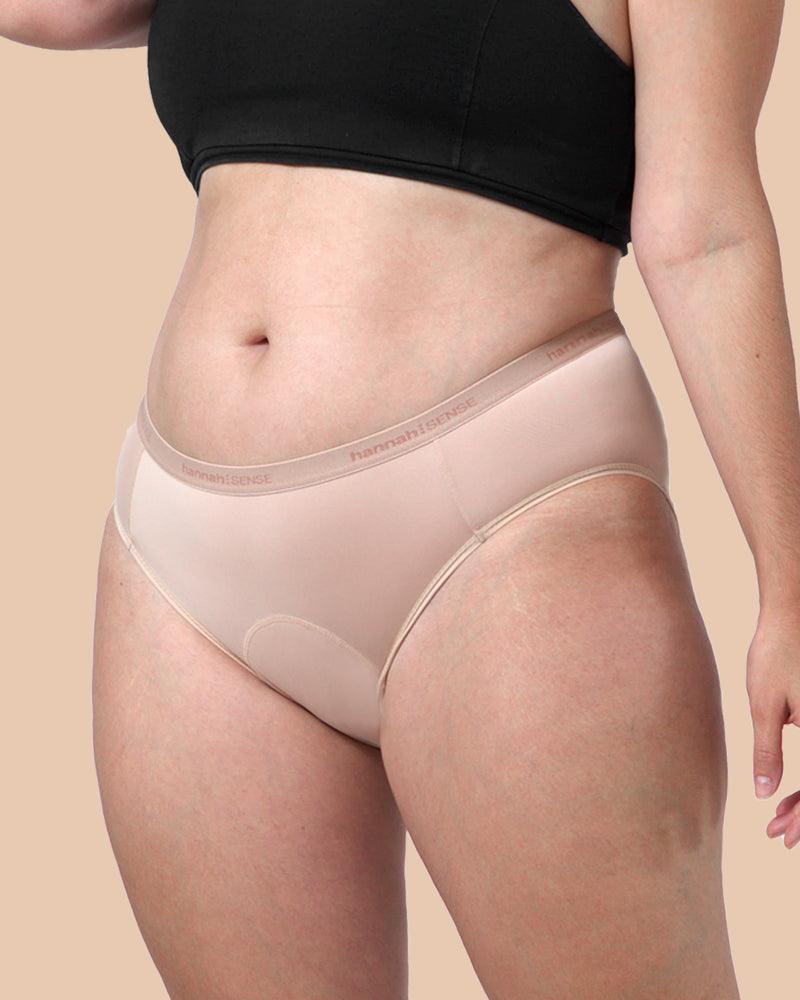 hannah⋮SENSE Heavy Flow Brief showing four-layer absorbent lining detail