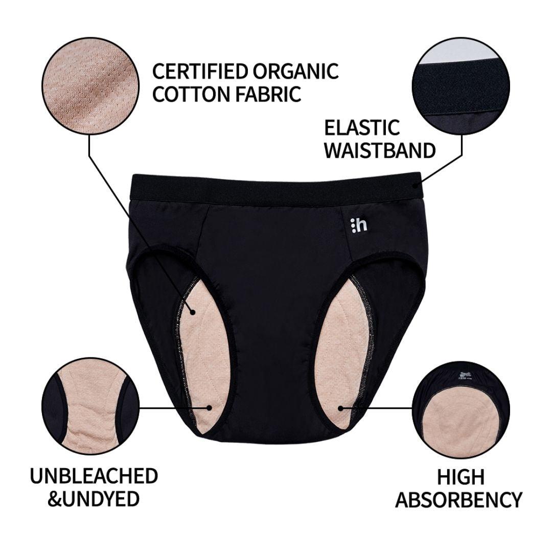 Black women's underwear with fabric and feature details on a white background