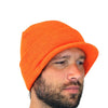 Man wearing an orange beanie on a white background