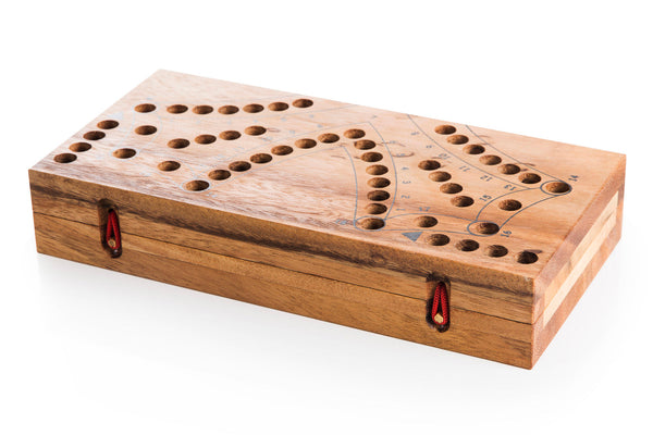 Wooden cribbage board with pegs on a white background
