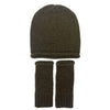 Army green knit beanie and fingerless gloves set on a white background