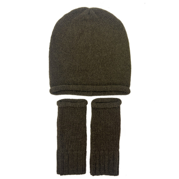 Army green knit beanie and fingerless gloves set on a white background