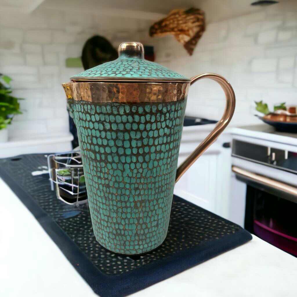 Set of One Copper Pitcher with Top and Two Tumblers, Hammered and Turquoise Patina