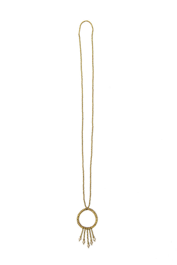 Long dangle recycled bullet casing brass necklace by Fair Anita — nickel-free and ethically made