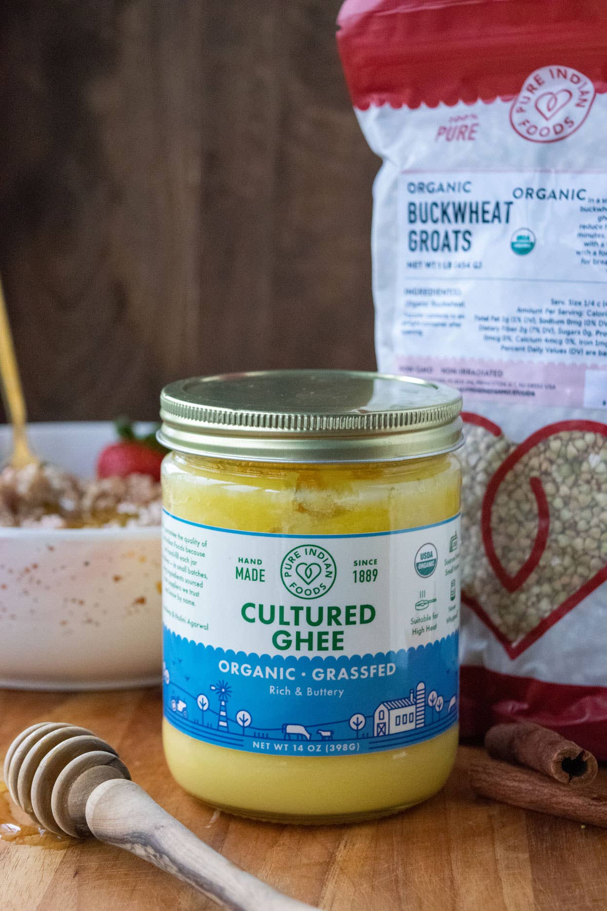 Ethical Trade Co grassfed organic cultured ghee 14oz jar with label detail
