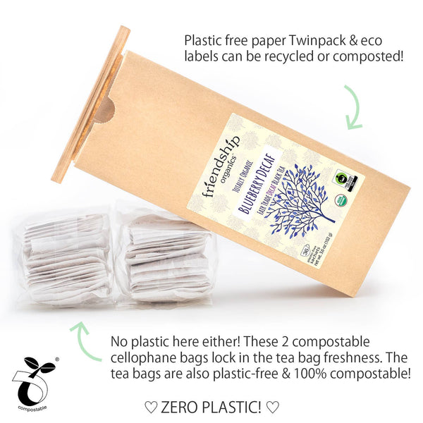 Compostable tea packaging with eco-friendly features on a white background