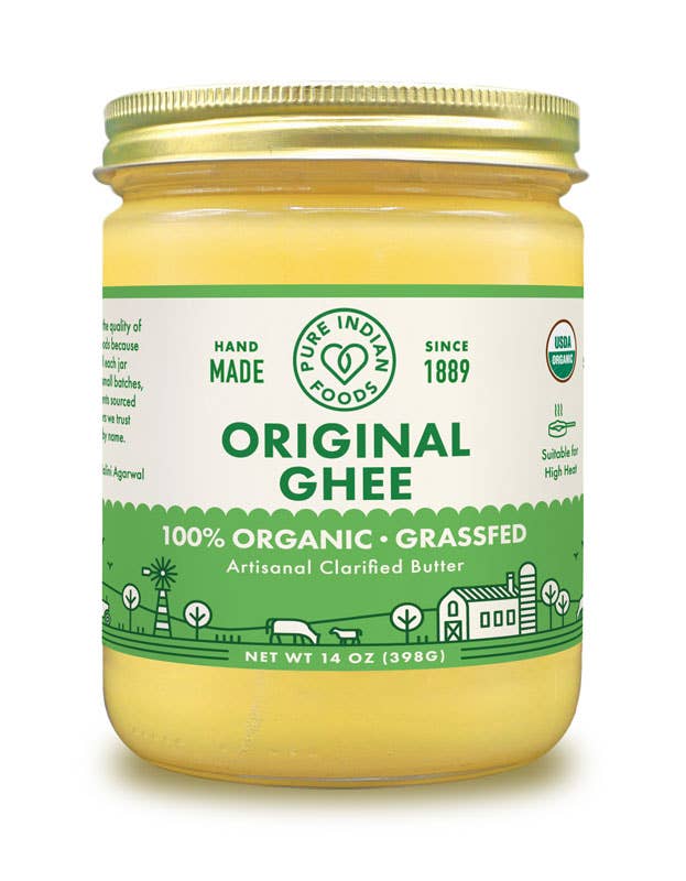 Jar of Original Ghee with a green label on a white background