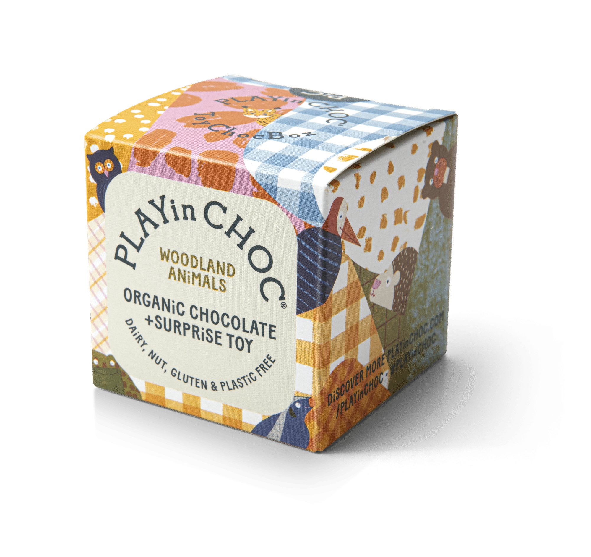 Box of Playin Choc organic chocolate with a surprise toy featuring woodland animals on a white background.