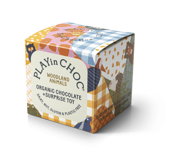Box of Playin Choc organic chocolate with a surprise toy featuring woodland animals on a white background.