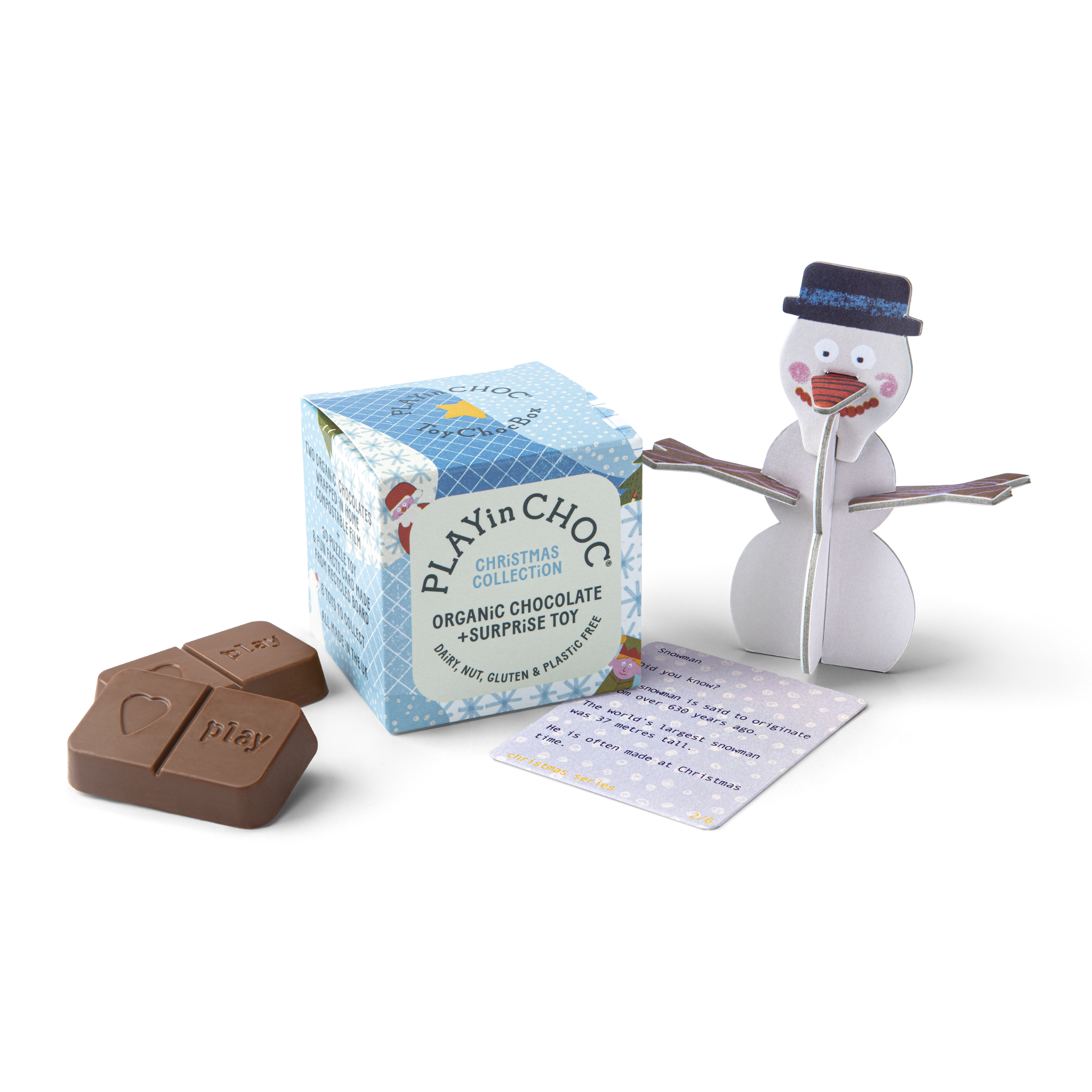 PlaynChoc organic chocolate surprise toy with a snowman figure and packaging on a white background