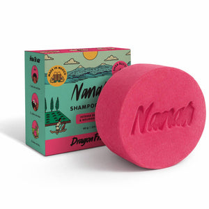 NANAH Dragon Fruit Shampoo Bar for dry and damaged hair next to its plastic-free packaging on a white background