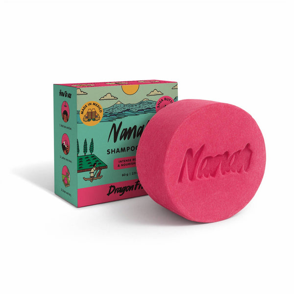 Pink shampoo bar with 'Nanam' branding next to its packaging on a white background