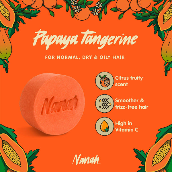 Papaya Tangerine soap bar with branding and product features on an orange background. NANAH Papaya Mandarin shampoo bar — sulfate-free, rebalances oily hair with papaya extract, mandarin oil & castor seed oil. Replaces 3 bottles. Perfect hair gift.