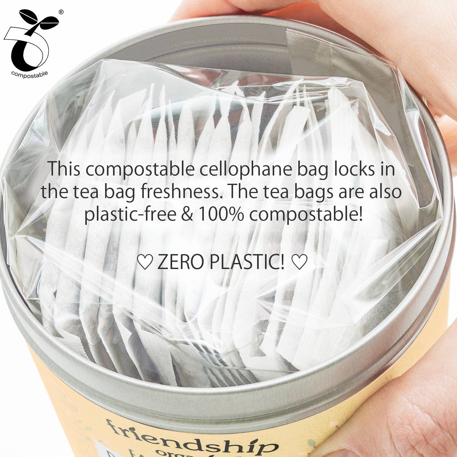 Friendship Organics decaf chai tea sachets made from natural abacá fiber – plastic-free and compostable