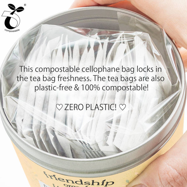 Friendship Organics decaf chai tea sachets made from natural abacá fiber – plastic-free and compostable