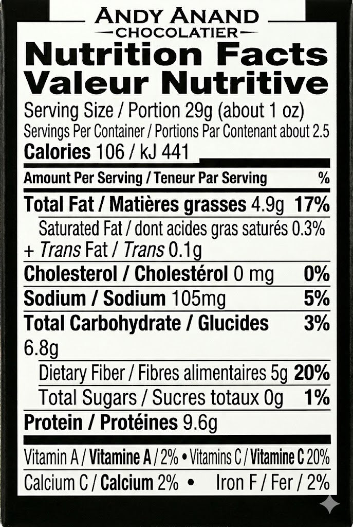 Nutrition facts label for Andy Anand Chocolatier product