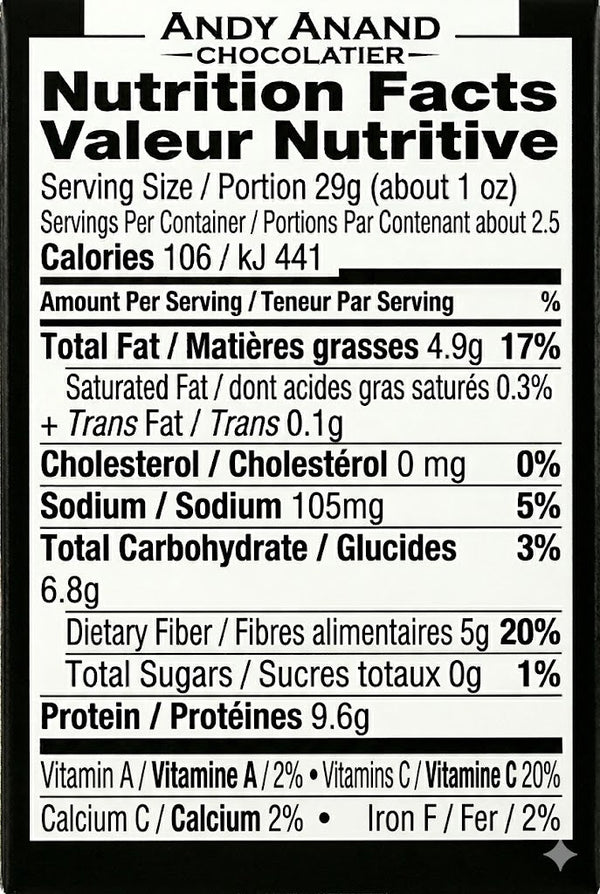 Nutrition facts label for Andy Anand Chocolatier product