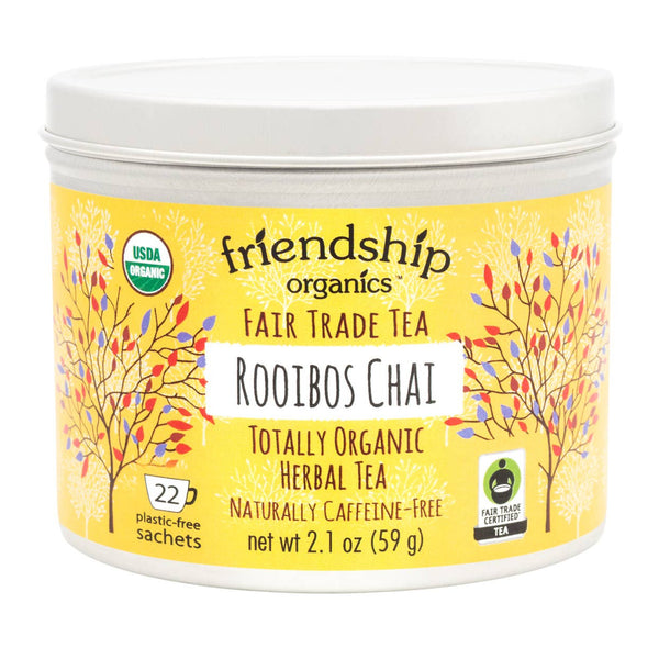 Rooibos Chai Herbal Tea tin from Friendship Organics — organic, Fair Trade certified and caffeine-free