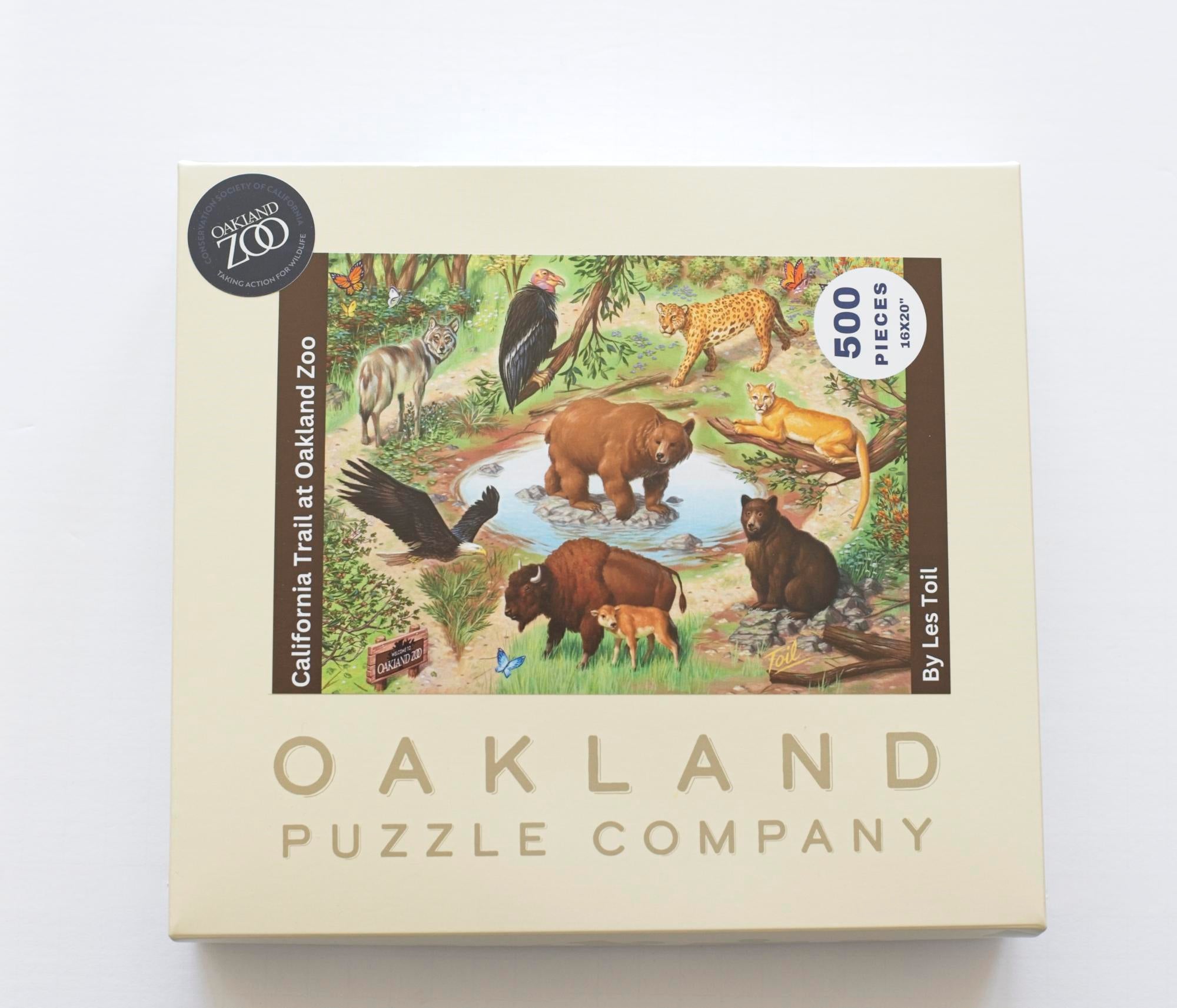 Closed box of the California Trail Oakland Zoo jigsaw puzzle by Oakland Puzzle Company