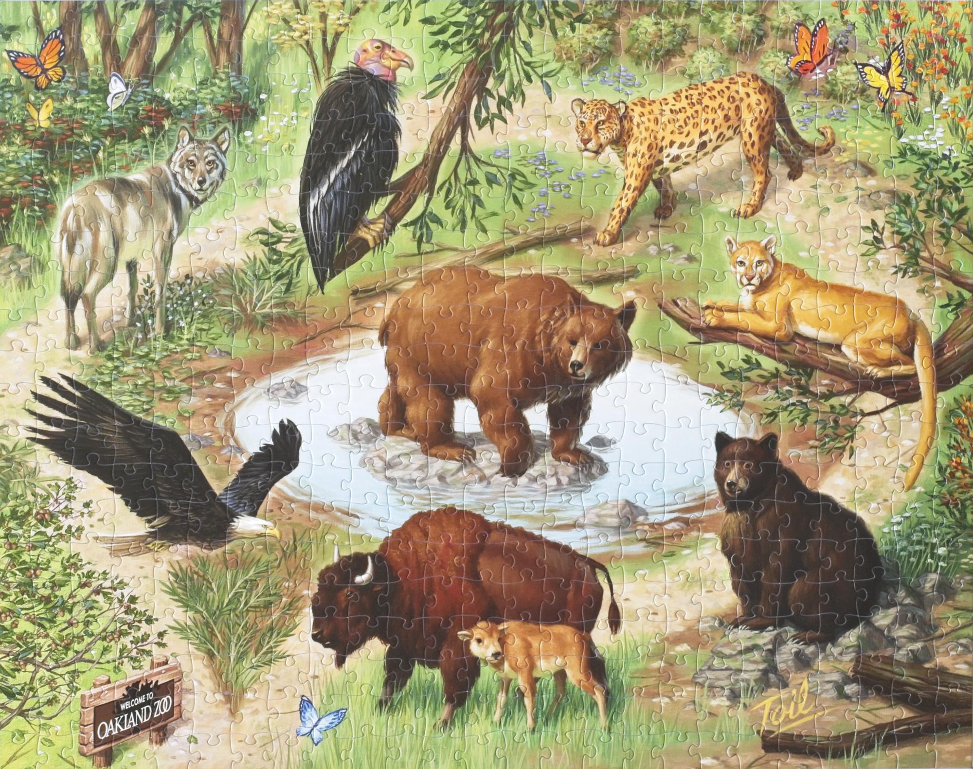 Completed California Trail 500-piece jigsaw puzzle with Oakland Zoo wildlife art by Les Toil