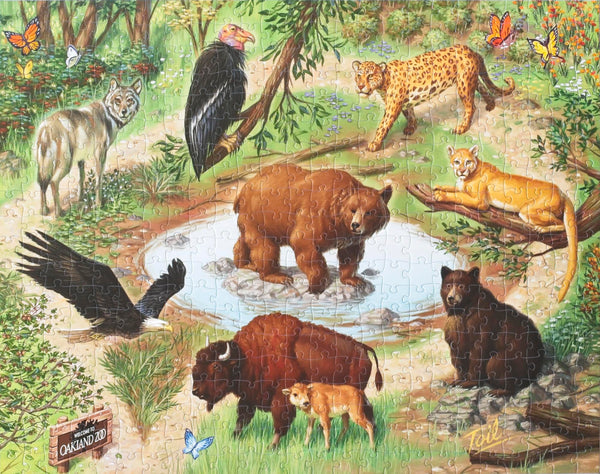 Completed California Trail 500-piece jigsaw puzzle with Oakland Zoo wildlife art by Les Toil