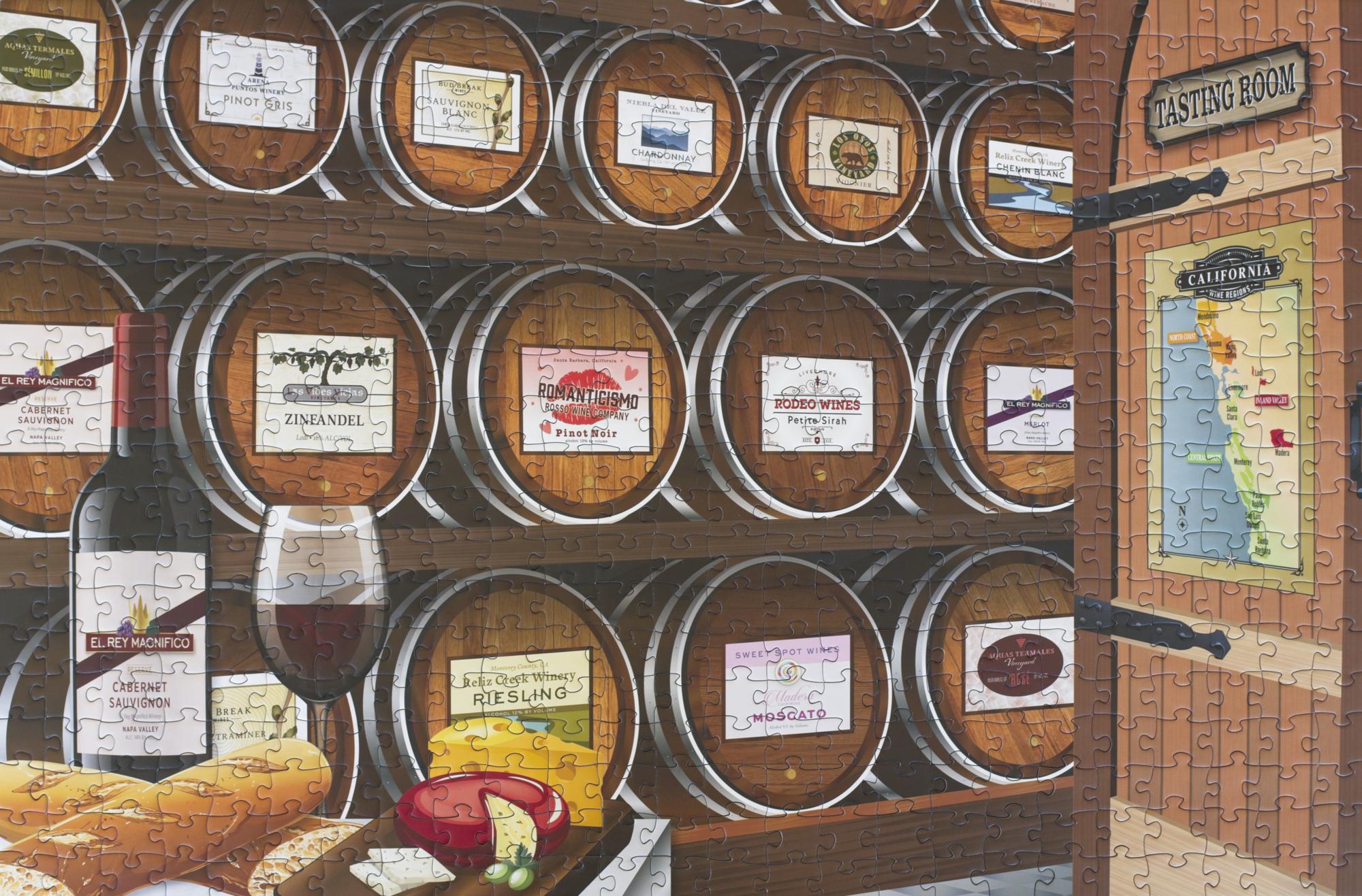 Completed California Wine Tasting jigsaw puzzle showing vintage-inspired wine label art by Christine Reite