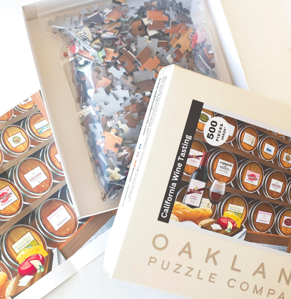 Open box of the California Wine Tasting puzzle by Oakland Puzzle Company