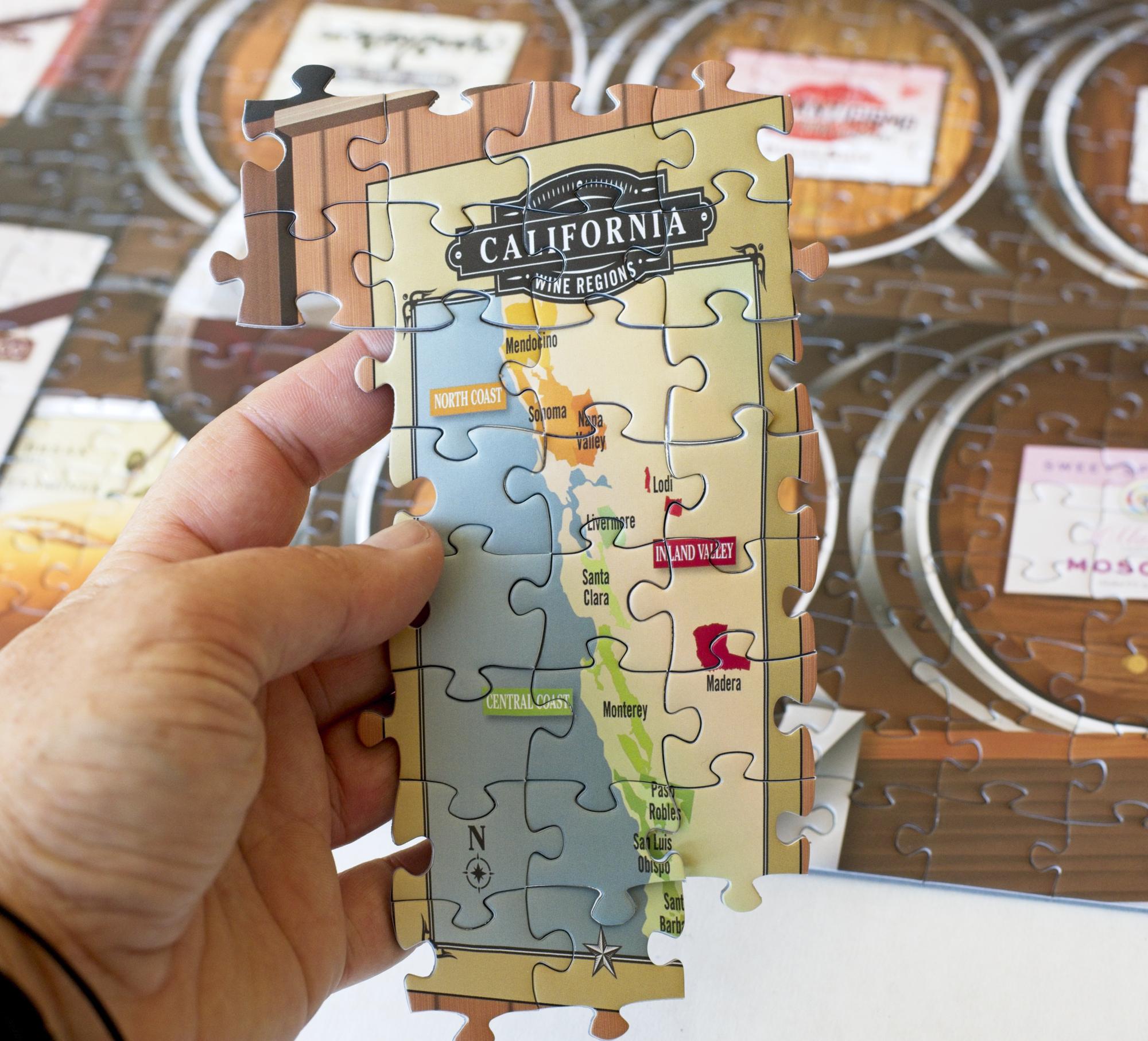 Close-up of California Wine Tasting puzzle pieces, 500-piece ribbon-cut jigsaw