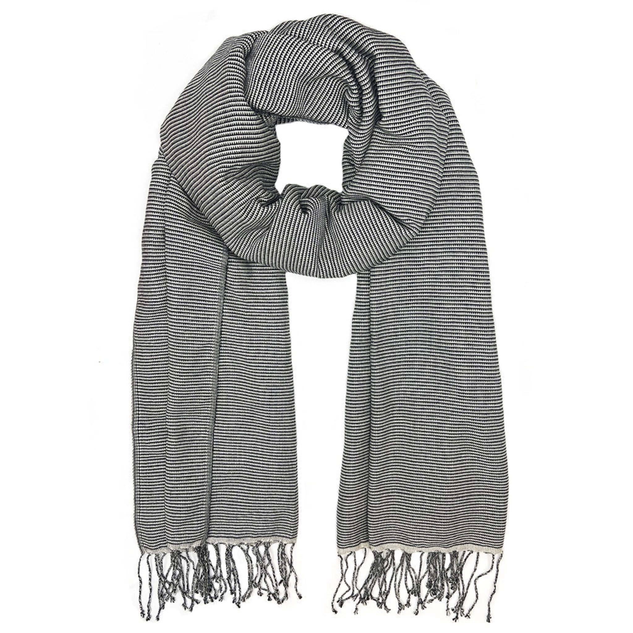 Black and white striped cotton scarf with fringes on a white background