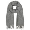 Black and white striped cotton scarf with fringes on a white background