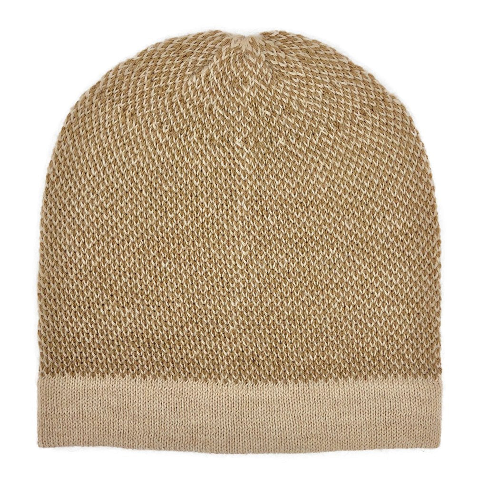 Beige knit beanie on a white background