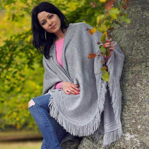Silver grey solid alpaca cotton cape wrap poncho draped over shoulders, made in Ecuador by Purely Alpaca