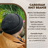 Cardigan knit beanie worn by a person with text describing its properties and versatility.