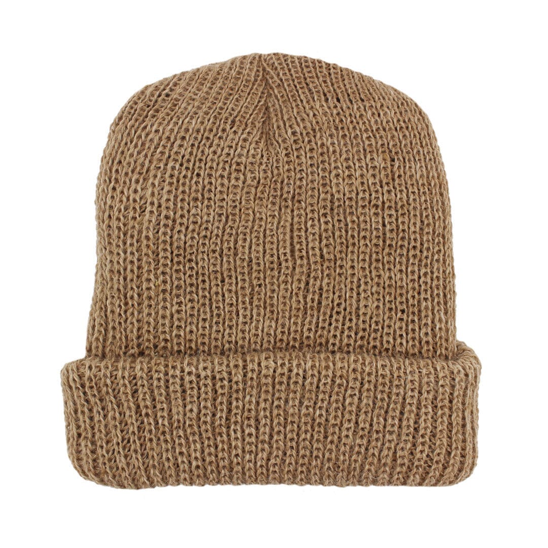 Brown knit beanie on a white background
