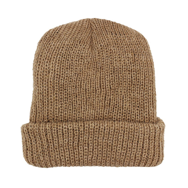 Brown knit beanie on a white background