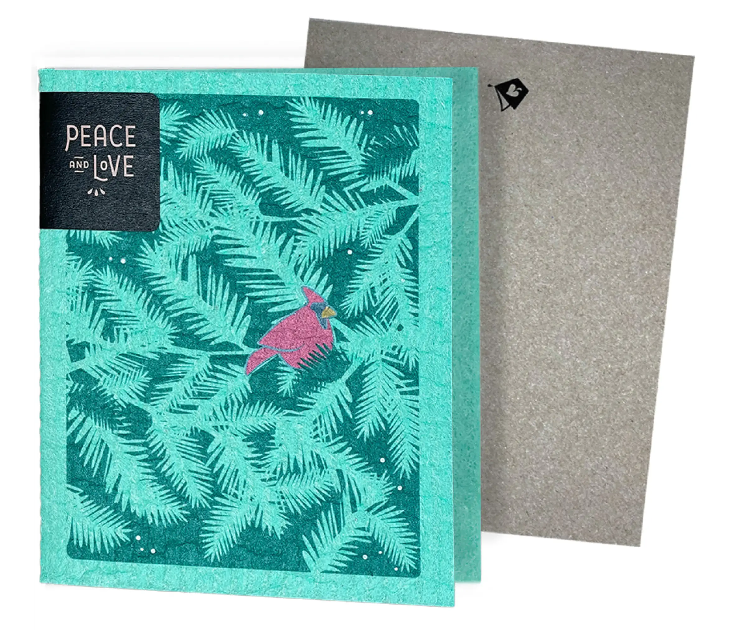A greeting card with a green leafy pattern and a pink bird illustration, accompanied by a grey non-velope envelope.