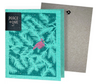 A greeting card with a green leafy pattern and a pink bird illustration, accompanied by a grey non-velope envelope.