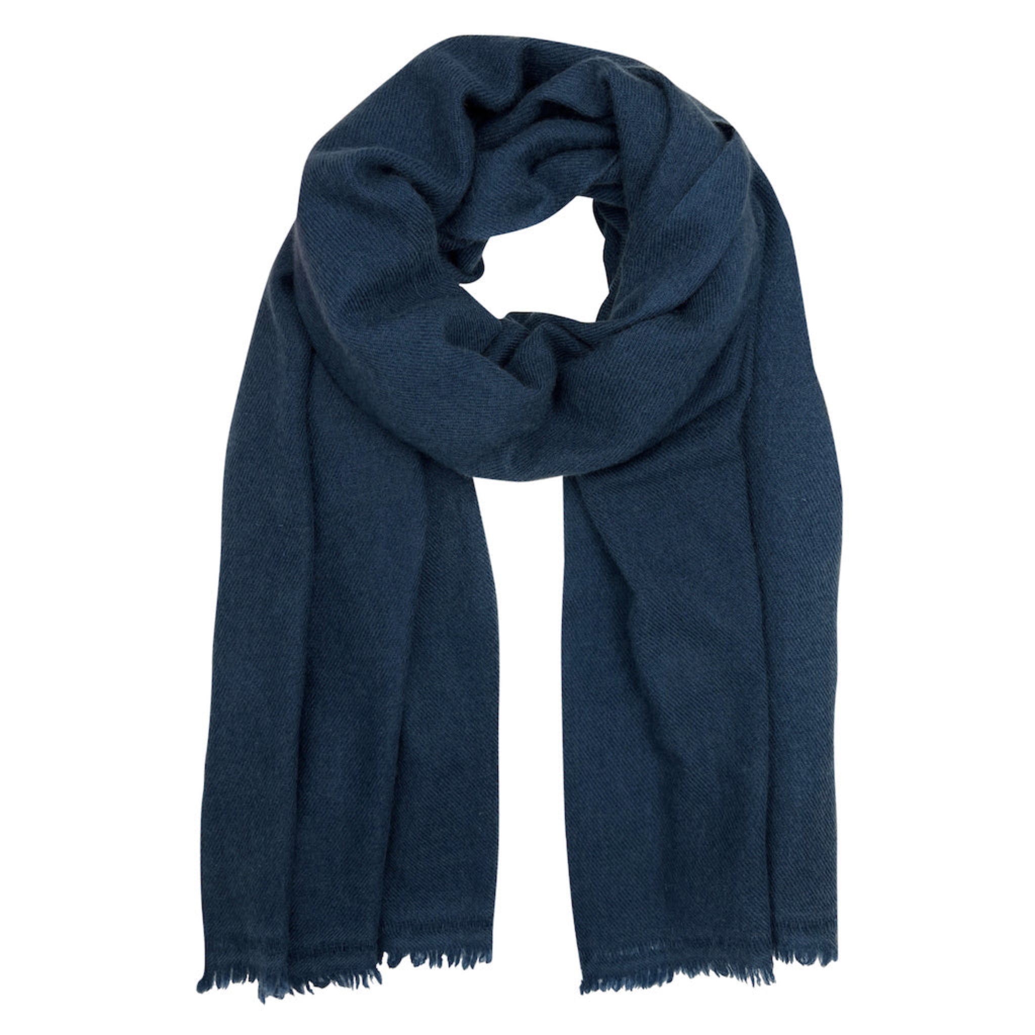 Blue cashemere scarf with fringed ends on a white background