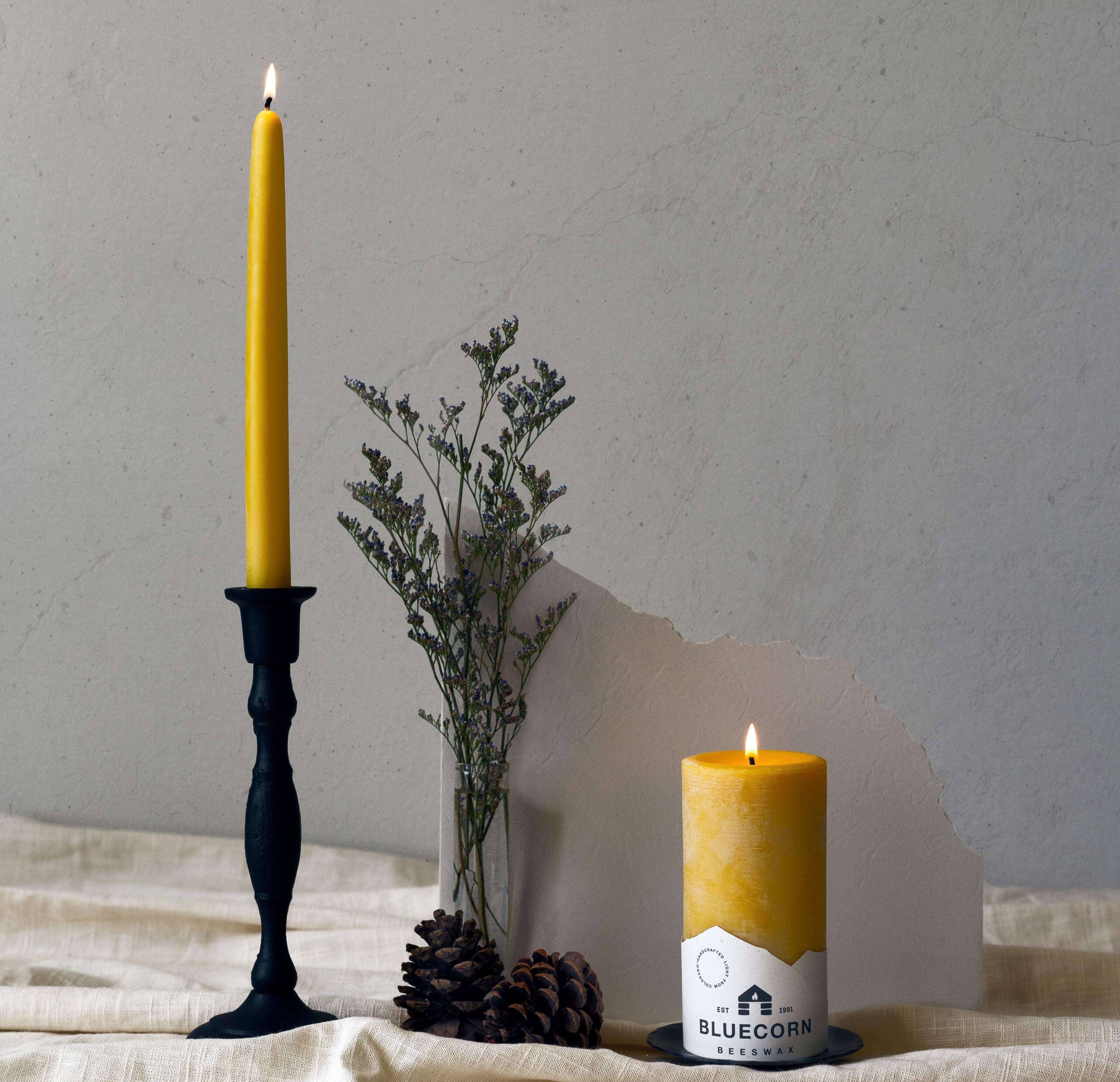Close-up of a single cast iron taper holder with a hand-dipped beeswax taper candle