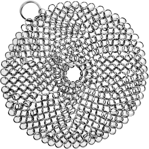 Stainless steel chainlink scrubber for cleaning cast iron skillets and cookware