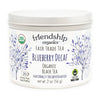 Blueberry Decaf Organic Black Tea tin from Friendship Organics with plastic-free packaging