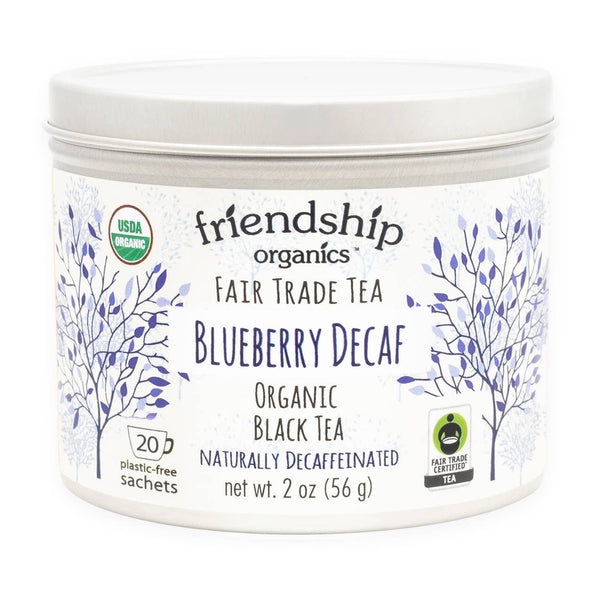 Blueberry Decaf Organic Black Tea tin from Friendship Organics with plastic-free packaging